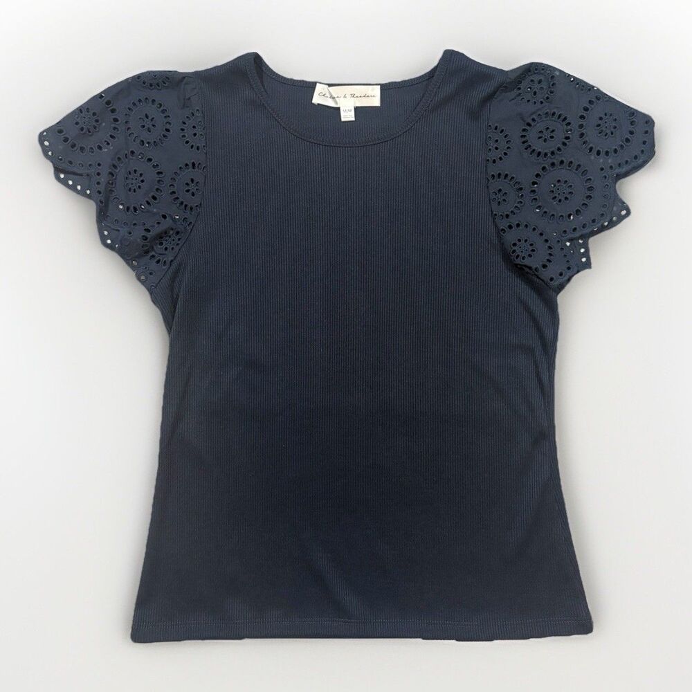 Chelsea & Theodore Navy Blue Ruffled Sleeve Shirt Size Medium Form Fitting